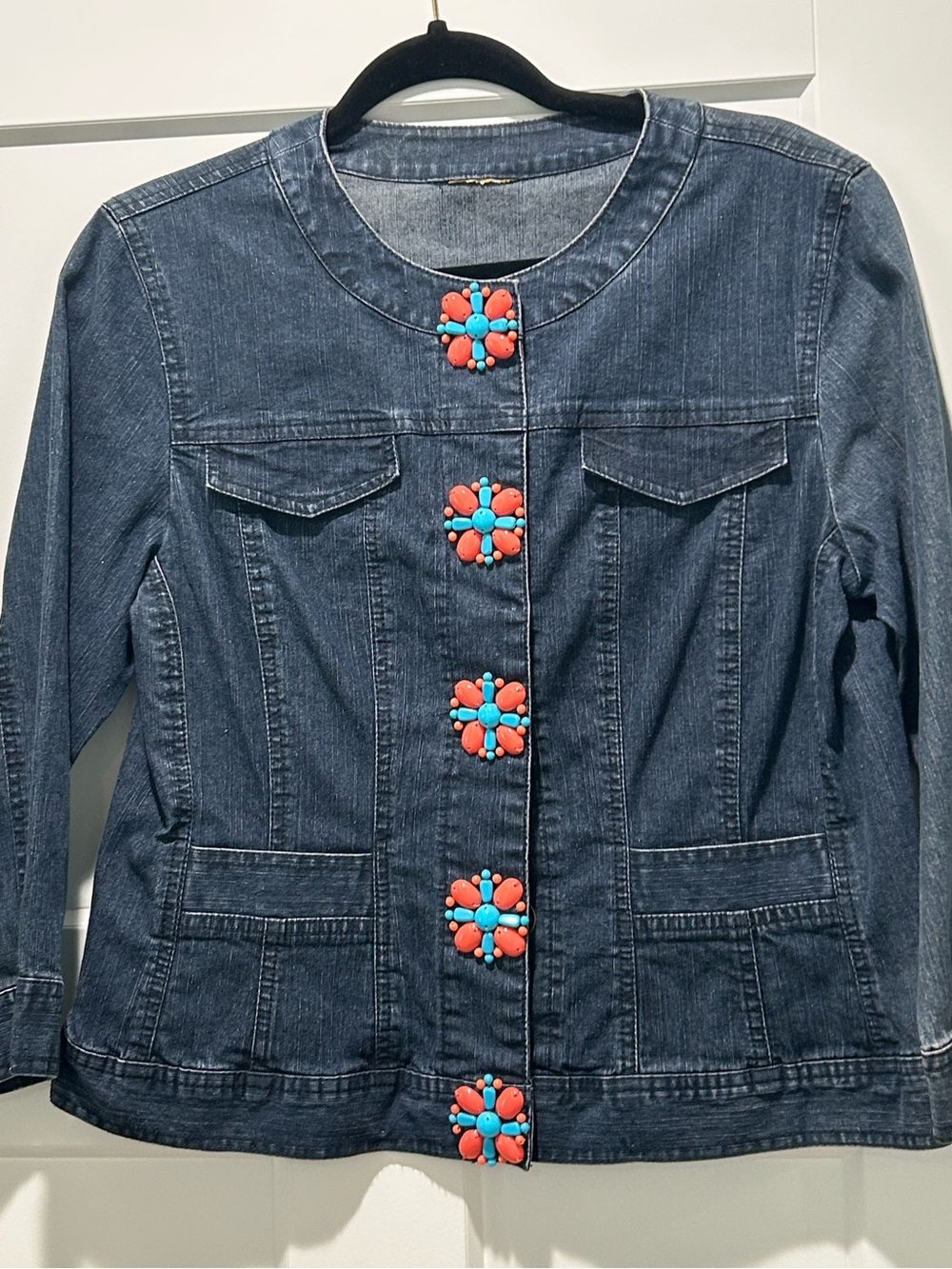 Free People Dark Denim Jacket with Turquoise & Coral Embellished Buttons.